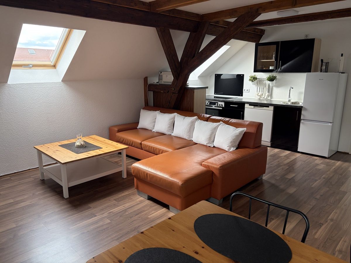 Wohnbereich mit Sofa und offener Küche